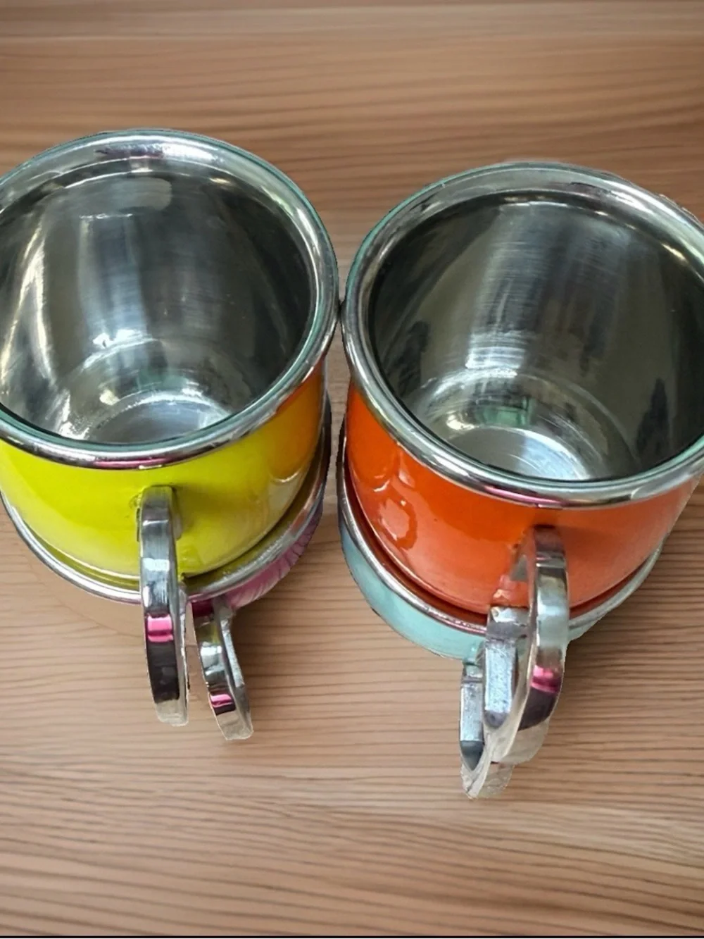 Vintage Pier 1 Bright Enamel Espresso Cups Set - Yellow, Orange, Pink, Aqua